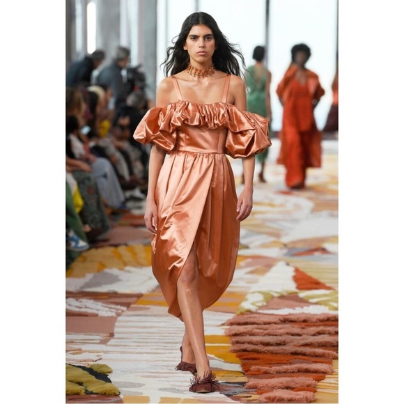 ULLA JOHNSON Lelita dress midi satin copper 8 off shoulder cocktail NWT formal - Picture 1 of 16